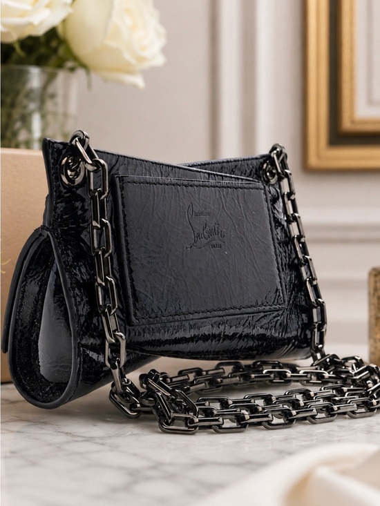 Christian Louboutin Handbags - C L Loubitwist Black Patent Leather Mini Chain Shoulder Bag with Gunmetal Chain